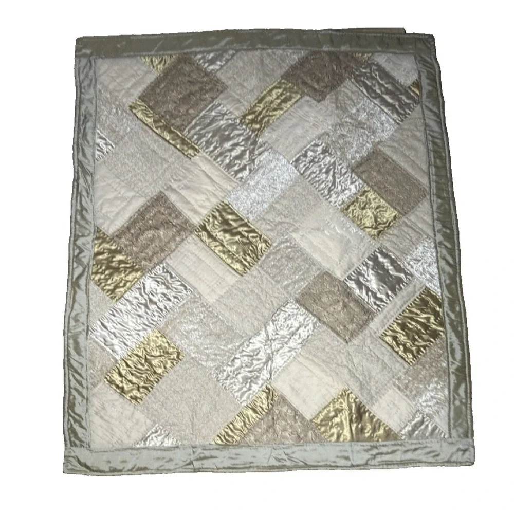 Vtg Patchwork Throw Blanket Metallic Sateen‎ Quilted Velvet Floral
